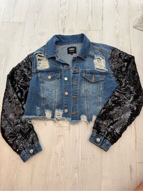 Cropped Denim Jacket With Sequin Sleeves
